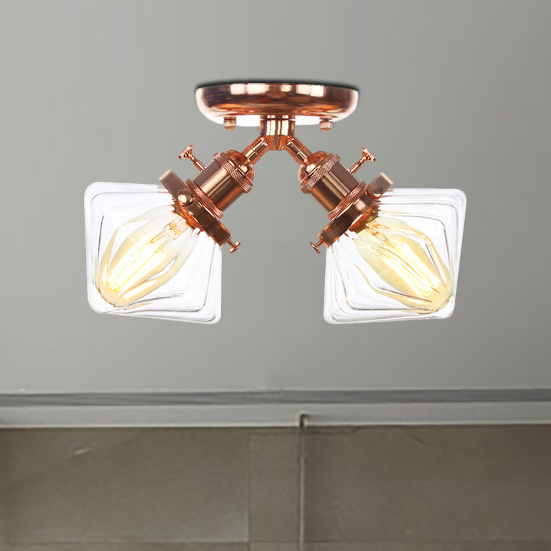 Diamond Amber/Clear Glass Semi Mount Lighting Farmhouse 2 Lights Black/Bronze Semi Flush Light Fixture for Restaurant Clearhalo 'Ceiling Lights' 'Close To Ceiling Lights' 'Close to ceiling' 'Semi-flushmount' Lighting' 256379