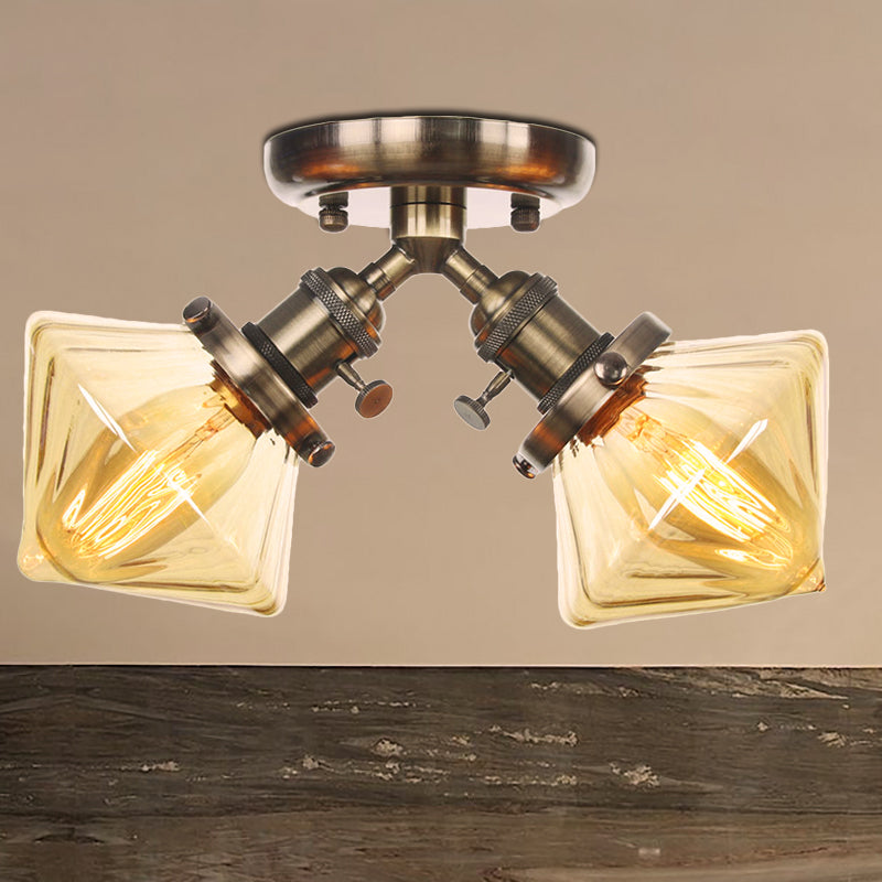 Diamond Amber/Clear Glass Semi Mount Lighting Farmhouse 2 Lights Black/Bronze Semi Flush Light Fixture for Restaurant Bronze Amber Clearhalo 'Ceiling Lights' 'Close To Ceiling Lights' 'Close to ceiling' 'Semi-flushmount' Lighting' 256381