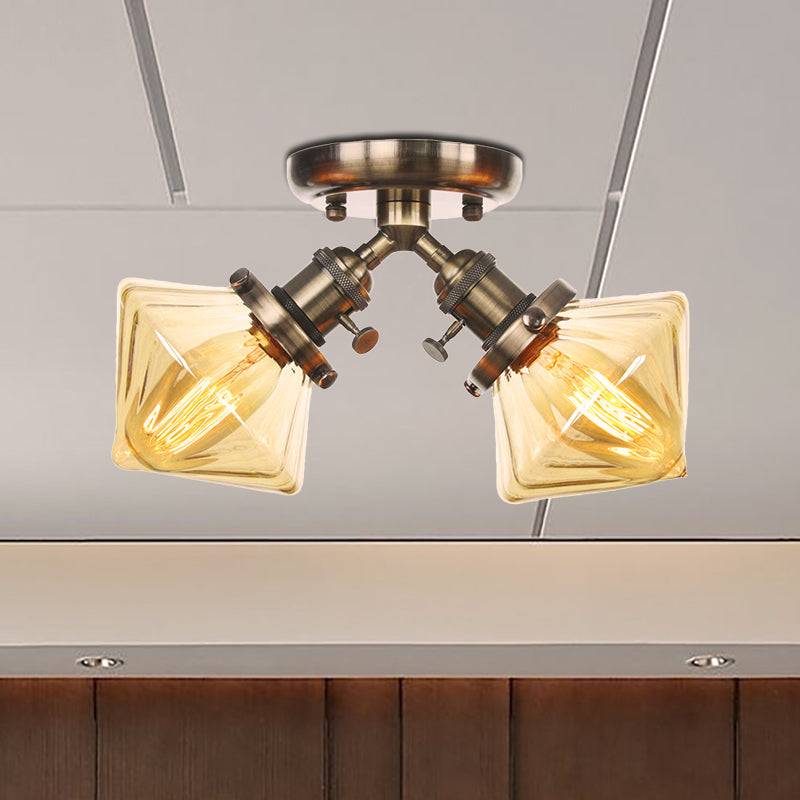 Diamond Amber/Clear Glass Semi Mount Lighting Farmhouse 2 Lights Black/Bronze Semi Flush Light Fixture for Restaurant Clearhalo 'Ceiling Lights' 'Close To Ceiling Lights' 'Close to ceiling' 'Semi-flushmount' Lighting' 256382