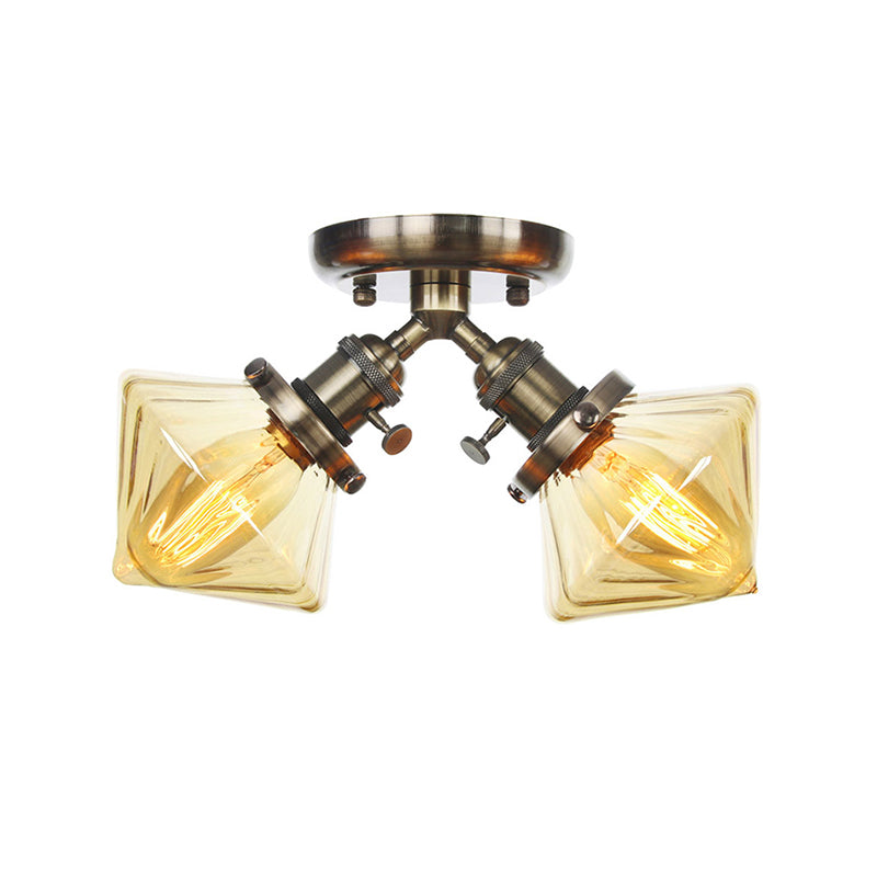 Diamond Amber/Clear Glass Semi Mount Lighting Farmhouse 2 Lights Black/Bronze Semi Flush Light Fixture for Restaurant Clearhalo 'Ceiling Lights' 'Close To Ceiling Lights' 'Close to ceiling' 'Semi-flushmount' Lighting' 256383