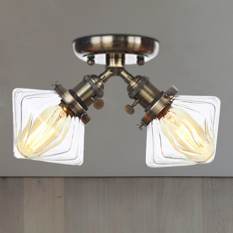 Diamond Amber/Clear Glass Semi Mount Lighting Farmhouse 2 Lights Black/Bronze Semi Flush Light Fixture for Restaurant Bronze Clear Clearhalo 'Ceiling Lights' 'Close To Ceiling Lights' 'Close to ceiling' 'Semi-flushmount' Lighting' 256384