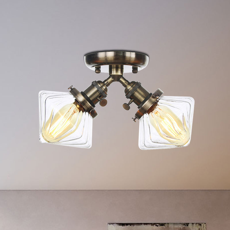 Diamond Amber/Clear Glass Semi Mount Lighting Farmhouse 2 Lights Black/Bronze Semi Flush Light Fixture for Restaurant Clearhalo 'Ceiling Lights' 'Close To Ceiling Lights' 'Close to ceiling' 'Semi-flushmount' Lighting' 256385