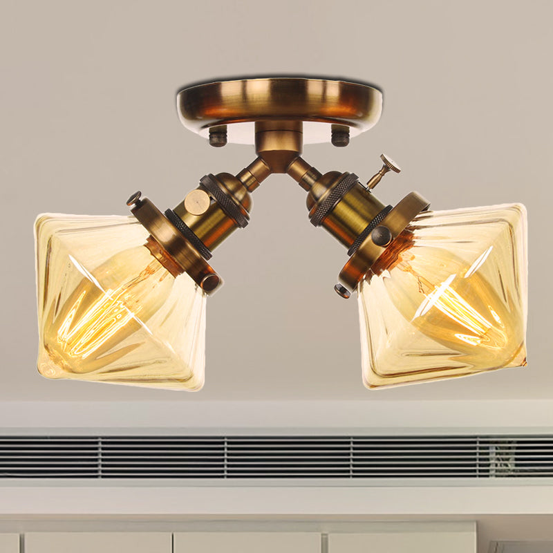 Diamond Amber/Clear Glass Semi Mount Lighting Farmhouse 2 Lights Black/Bronze Semi Flush Light Fixture for Restaurant Brass Amber Clearhalo 'Ceiling Lights' 'Close To Ceiling Lights' 'Close to ceiling' 'Semi-flushmount' Lighting' 256387