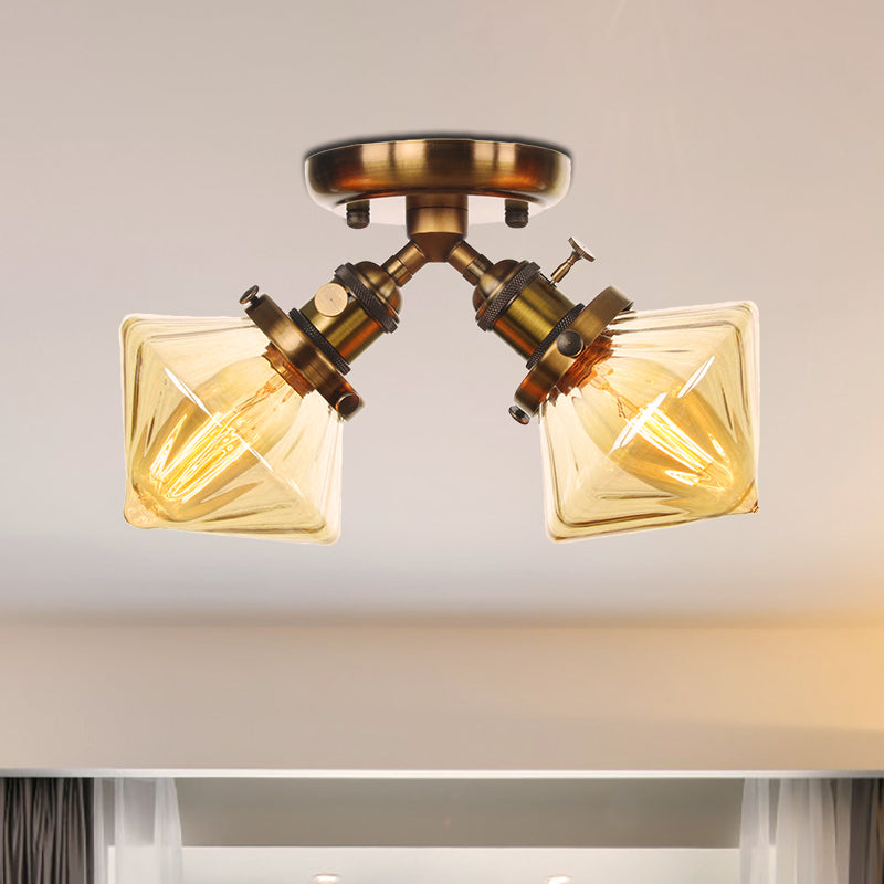 Diamond Amber/Clear Glass Semi Mount Lighting Farmhouse 2 Lights Black/Bronze Semi Flush Light Fixture for Restaurant Clearhalo 'Ceiling Lights' 'Close To Ceiling Lights' 'Close to ceiling' 'Semi-flushmount' Lighting' 256388