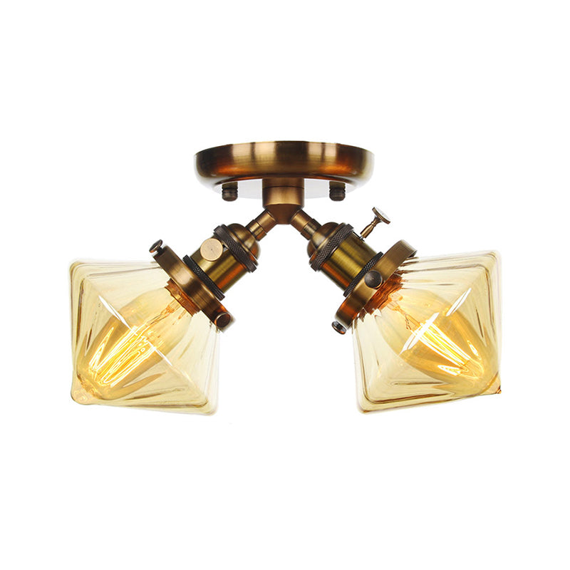 Diamond Amber/Clear Glass Semi Mount Lighting Farmhouse 2 Lights Black/Bronze Semi Flush Light Fixture for Restaurant Clearhalo 'Ceiling Lights' 'Close To Ceiling Lights' 'Close to ceiling' 'Semi-flushmount' Lighting' 256389