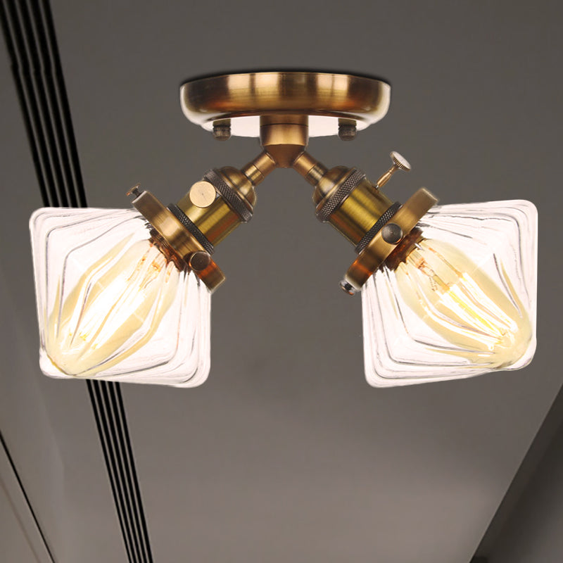 Diamond Amber/Clear Glass Semi Mount Lighting Farmhouse 2 Lights Black/Bronze Semi Flush Light Fixture for Restaurant Brass Clear Clearhalo 'Ceiling Lights' 'Close To Ceiling Lights' 'Close to ceiling' 'Semi-flushmount' Lighting' 256390