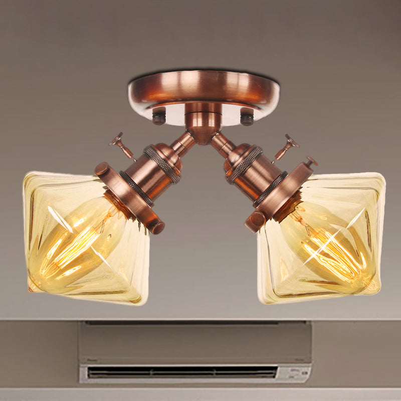 Diamond Amber/Clear Glass Semi Mount Lighting Farmhouse 2 Lights Black/Bronze Semi Flush Light Fixture for Restaurant Copper Amber Clearhalo 'Ceiling Lights' 'Close To Ceiling Lights' 'Close to ceiling' 'Semi-flushmount' Lighting' 256393