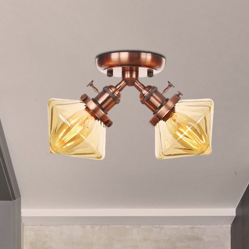 Diamond Amber/Clear Glass Semi Mount Lighting Farmhouse 2 Lights Black/Bronze Semi Flush Light Fixture for Restaurant Clearhalo 'Ceiling Lights' 'Close To Ceiling Lights' 'Close to ceiling' 'Semi-flushmount' Lighting' 256394