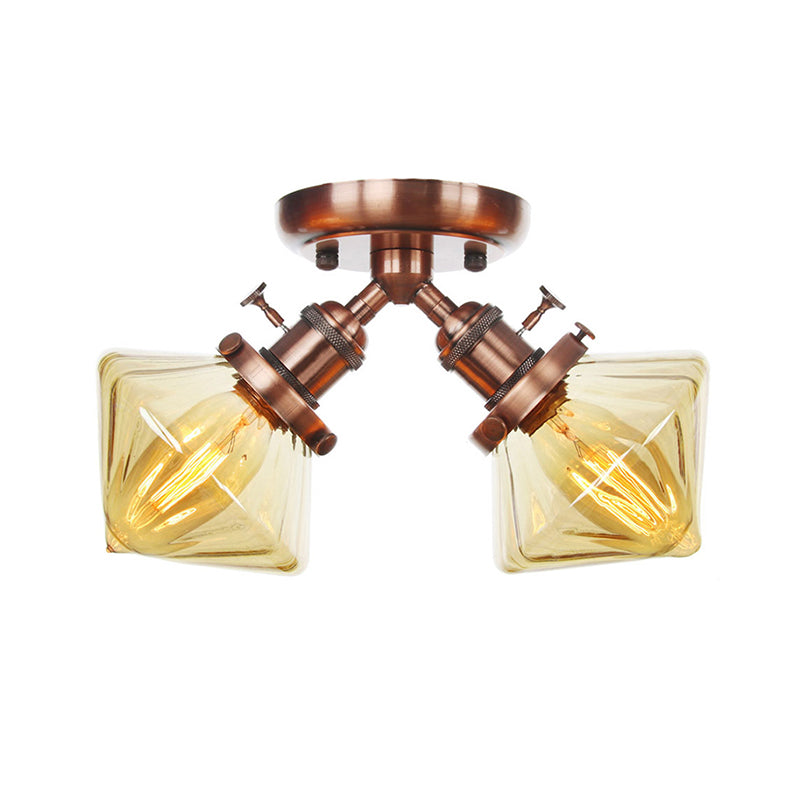 Diamond Amber/Clear Glass Semi Mount Lighting Farmhouse 2 Lights Black/Bronze Semi Flush Light Fixture for Restaurant Clearhalo 'Ceiling Lights' 'Close To Ceiling Lights' 'Close to ceiling' 'Semi-flushmount' Lighting' 256395