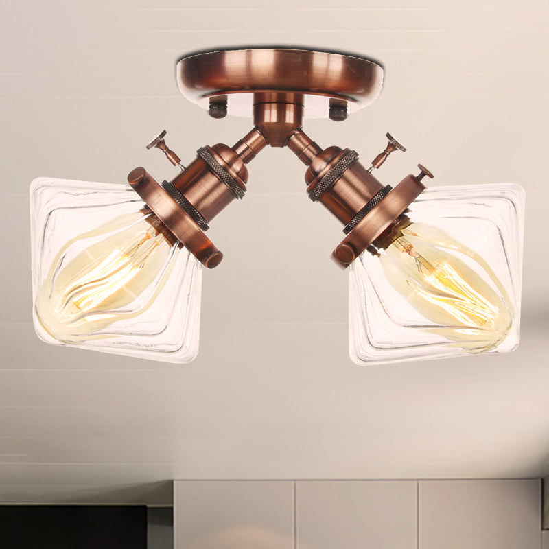 Diamond Amber/Clear Glass Semi Mount Lighting Farmhouse 2 Lights Black/Bronze Semi Flush Light Fixture for Restaurant Copper Clear Clearhalo 'Ceiling Lights' 'Close To Ceiling Lights' 'Close to ceiling' 'Semi-flushmount' Lighting' 256396