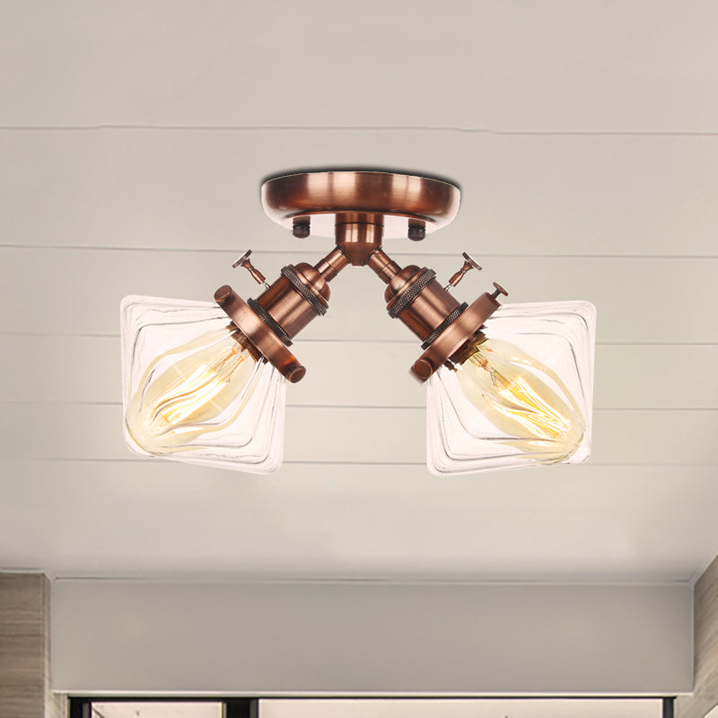 Diamond Amber/Clear Glass Semi Mount Lighting Farmhouse 2 Lights Black/Bronze Semi Flush Light Fixture for Restaurant Clearhalo 'Ceiling Lights' 'Close To Ceiling Lights' 'Close to ceiling' 'Semi-flushmount' Lighting' 256397