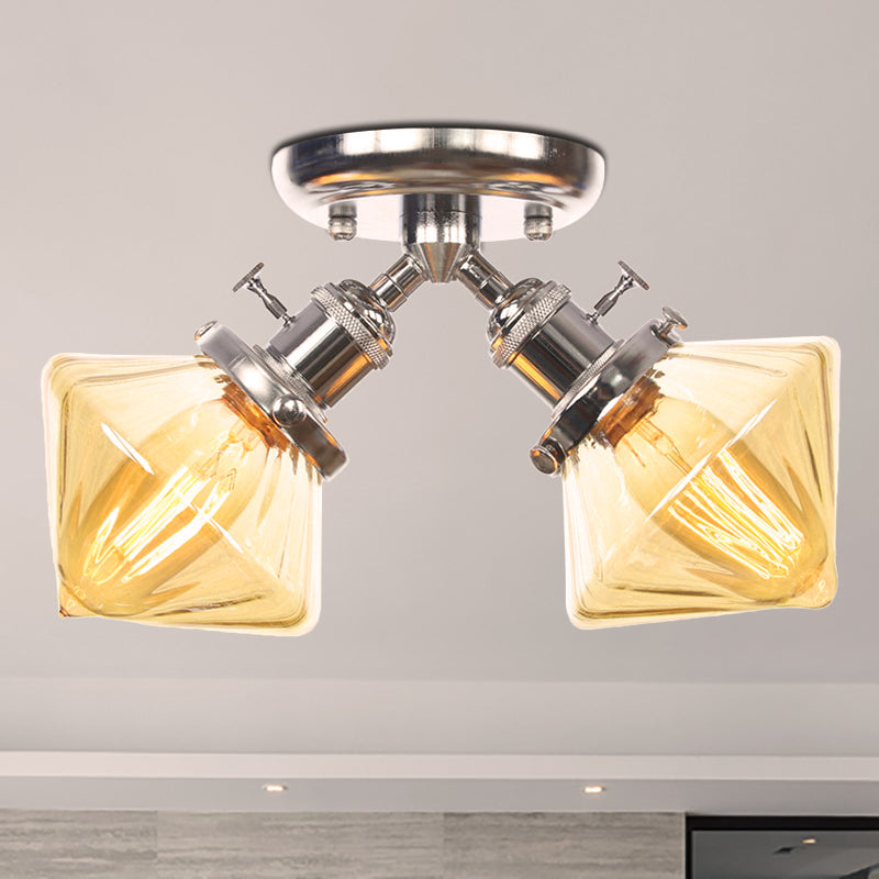 Diamond Amber/Clear Glass Semi Mount Lighting Farmhouse 2 Lights Black/Bronze Semi Flush Light Fixture for Restaurant Chrome Amber Clearhalo 'Ceiling Lights' 'Close To Ceiling Lights' 'Close to ceiling' 'Semi-flushmount' Lighting' 256399