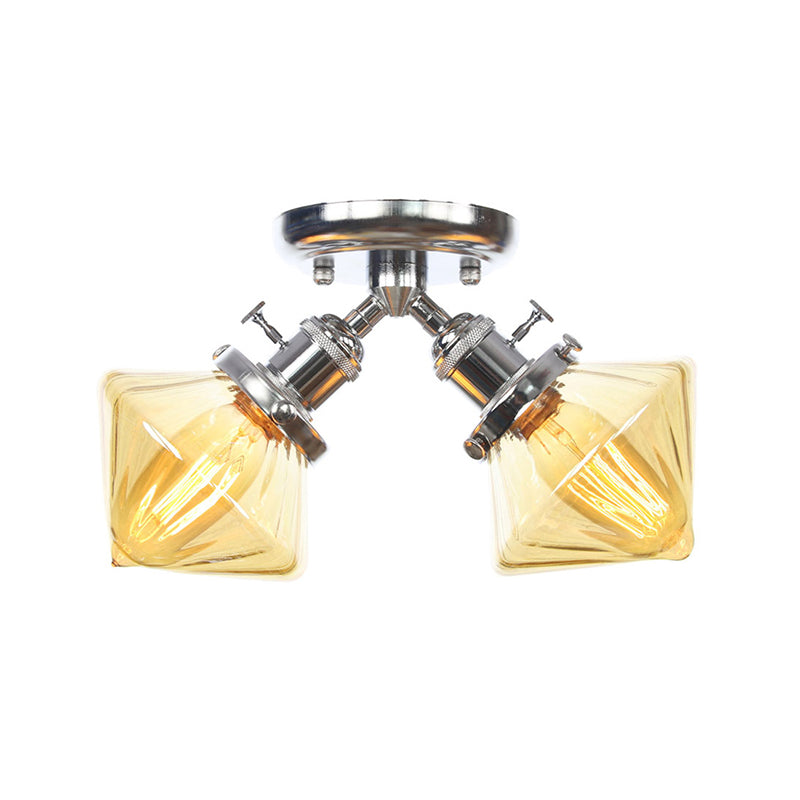 Diamond Amber/Clear Glass Semi Mount Lighting Farmhouse 2 Lights Black/Bronze Semi Flush Light Fixture for Restaurant Clearhalo 'Ceiling Lights' 'Close To Ceiling Lights' 'Close to ceiling' 'Semi-flushmount' Lighting' 256401