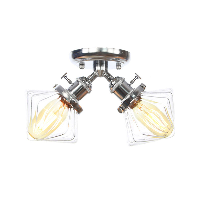 Diamond Amber/Clear Glass Semi Mount Lighting Farmhouse 2 Lights Black/Bronze Semi Flush Light Fixture for Restaurant Clearhalo 'Ceiling Lights' 'Close To Ceiling Lights' 'Close to ceiling' 'Semi-flushmount' Lighting' 256404