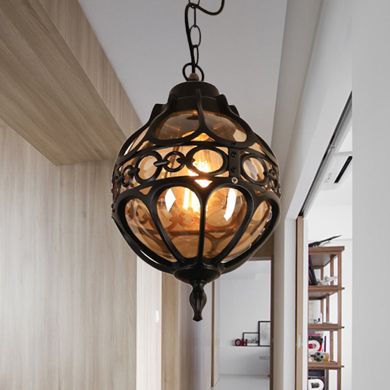 Round Restaurant Hanging Light Farmhouse Amber Glass 1 Light Black/Brass Ceiling Suspension Lamp with Cage Clearhalo 'Ceiling Lights' 'Chandeliers' 'Glass shade' 'Glass' 'Pendant Lights' 'Pendants' Lighting' 256443