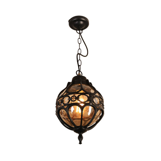 Round Restaurant Hanging Light Farmhouse Amber Glass 1 Light Black/Brass Ceiling Suspension Lamp with Cage Clearhalo 'Ceiling Lights' 'Chandeliers' 'Glass shade' 'Glass' 'Pendant Lights' 'Pendants' Lighting' 256445