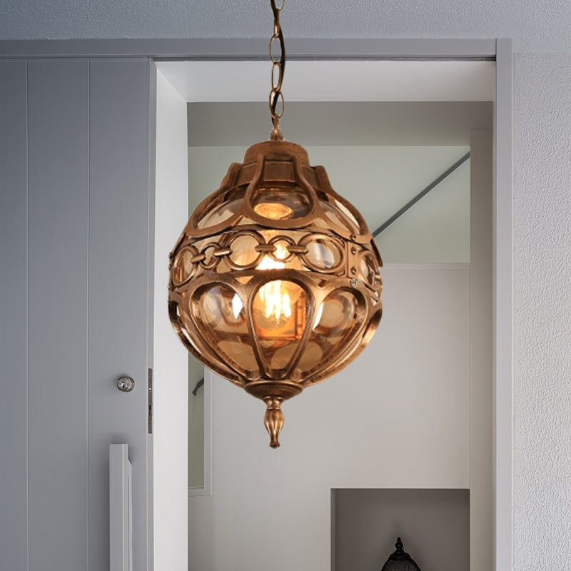 Round Restaurant Hanging Light Farmhouse Amber Glass 1 Light Black/Brass Ceiling Suspension Lamp with Cage Clearhalo 'Ceiling Lights' 'Chandeliers' 'Glass shade' 'Glass' 'Pendant Lights' 'Pendants' Lighting' 256447