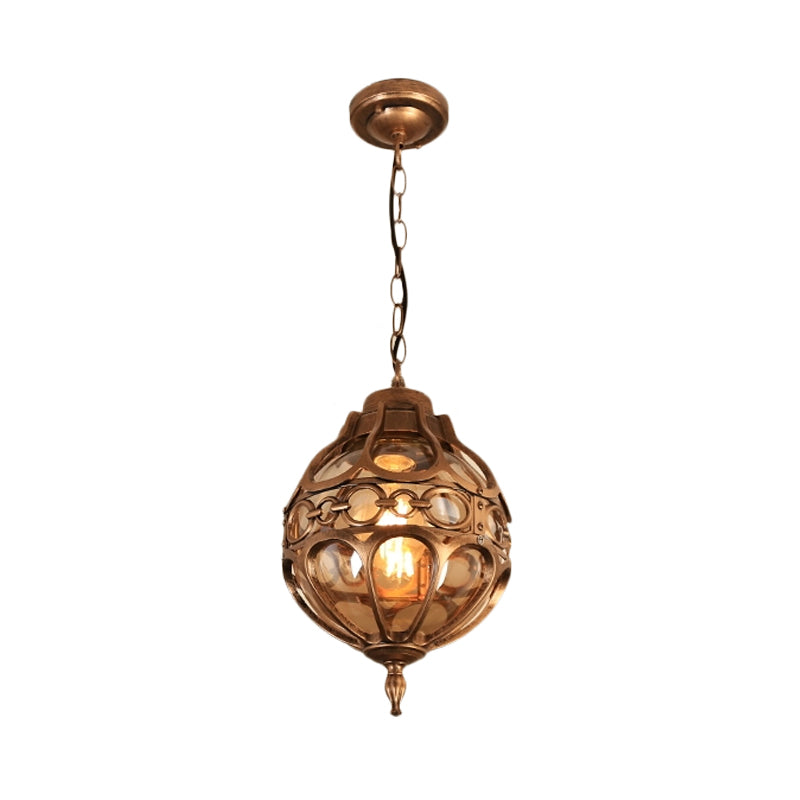 Round Restaurant Hanging Light Farmhouse Amber Glass 1 Light Black/Brass Ceiling Suspension Lamp with Cage Clearhalo 'Ceiling Lights' 'Chandeliers' 'Glass shade' 'Glass' 'Pendant Lights' 'Pendants' Lighting' 256448