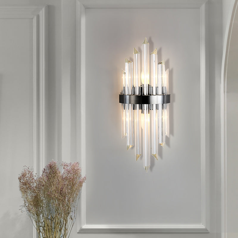 Postmodern Half-Cylinder Sconce Light Fixture Three Side Crystal Rod 2 Heads Living Room Wall Mount Light Clearhalo 'Modern wall lights' 'Modern' 'Wall Lamps & Sconces' 'Wall Lights' Lighting' 256452