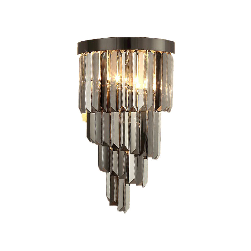 4 Tiers Wall Mount Light Postmodern Smoke Gray Tri-Sided Crystal Rod 2 Heads Living Room Sconce Light Clearhalo 'Modern wall lights' 'Modern' 'Wall Lamps & Sconces' 'Wall Lights' Lighting' 256459