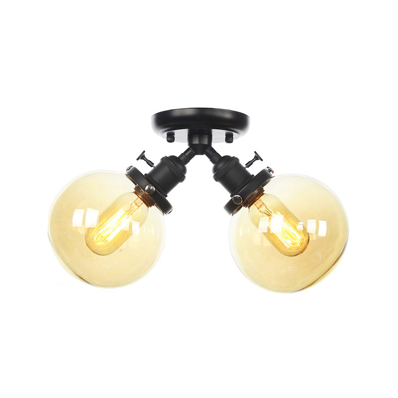 Global Restaurant Semi Flush Light Metal and Amber/Clear Glass 2 Heads Farmhouse Style Ceiling Lamp in Black/Bronze Clearhalo 'Ceiling Lights' 'Close To Ceiling Lights' 'Close to ceiling' 'Semi-flushmount' Lighting' 256470