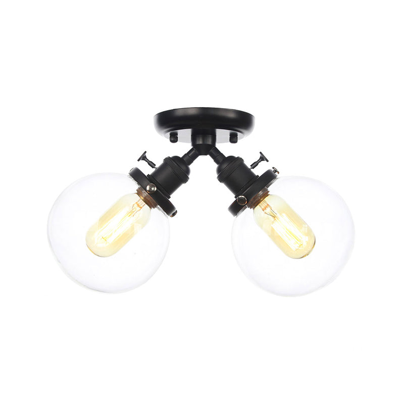 Global Restaurant Semi Flush Light Metal and Amber/Clear Glass 2 Heads Farmhouse Style Ceiling Lamp in Black/Bronze Clearhalo 'Ceiling Lights' 'Close To Ceiling Lights' 'Close to ceiling' 'Semi-flushmount' Lighting' 256473