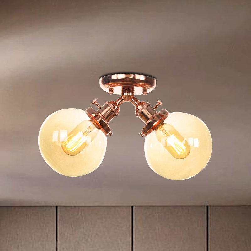 Global Restaurant Semi Flush Light Metal and Amber/Clear Glass 2 Heads Farmhouse Style Ceiling Lamp in Black/Bronze Clearhalo 'Ceiling Lights' 'Close To Ceiling Lights' 'Close to ceiling' 'Semi-flushmount' Lighting' 256475