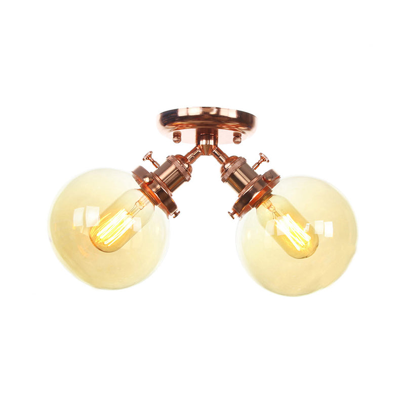 Global Restaurant Semi Flush Light Metal and Amber/Clear Glass 2 Heads Farmhouse Style Ceiling Lamp in Black/Bronze Clearhalo 'Ceiling Lights' 'Close To Ceiling Lights' 'Close to ceiling' 'Semi-flushmount' Lighting' 256476