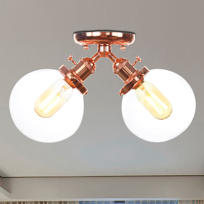 Global Restaurant Semi Flush Light Metal and Amber/Clear Glass 2 Heads Farmhouse Style Ceiling Lamp in Black/Bronze Rose Gold Clear Clearhalo 'Ceiling Lights' 'Close To Ceiling Lights' 'Close to ceiling' 'Semi-flushmount' Lighting' 256477