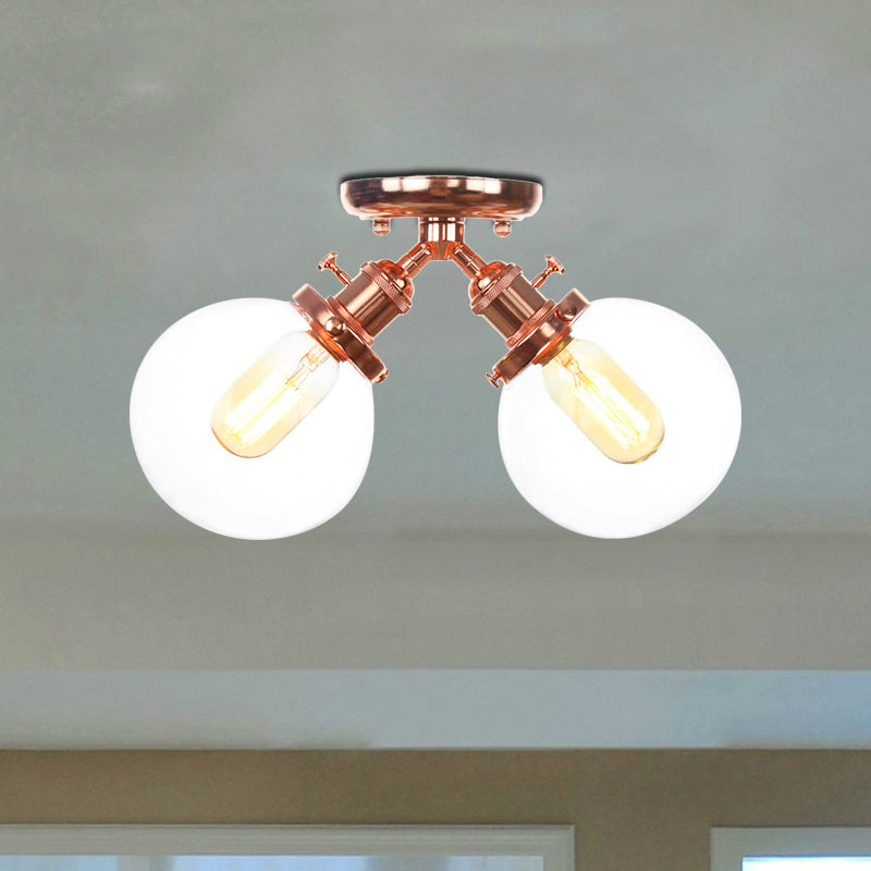 Global Restaurant Semi Flush Light Metal and Amber/Clear Glass 2 Heads Farmhouse Style Ceiling Lamp in Black/Bronze Clearhalo 'Ceiling Lights' 'Close To Ceiling Lights' 'Close to ceiling' 'Semi-flushmount' Lighting' 256478