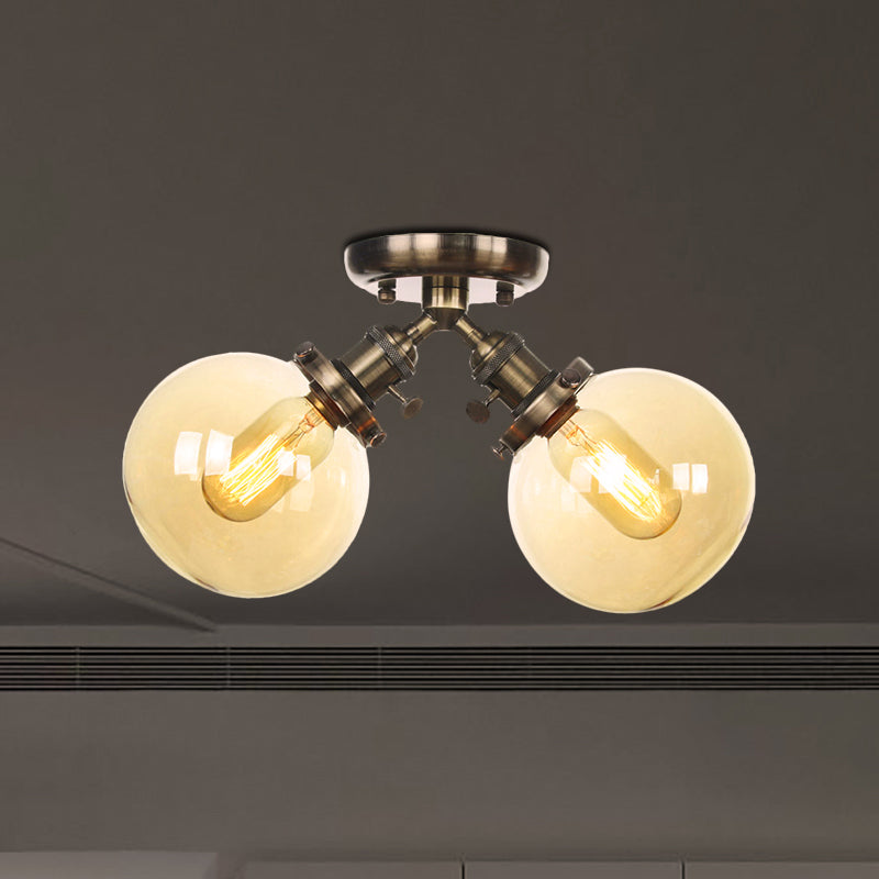 Global Restaurant Semi Flush Light Metal and Amber/Clear Glass 2 Heads Farmhouse Style Ceiling Lamp in Black/Bronze Clearhalo 'Ceiling Lights' 'Close To Ceiling Lights' 'Close to ceiling' 'Semi-flushmount' Lighting' 256481