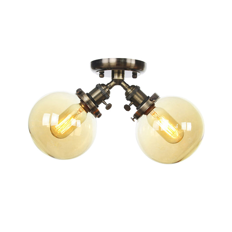 Global Restaurant Semi Flush Light Metal and Amber/Clear Glass 2 Heads Farmhouse Style Ceiling Lamp in Black/Bronze Clearhalo 'Ceiling Lights' 'Close To Ceiling Lights' 'Close to ceiling' 'Semi-flushmount' Lighting' 256482