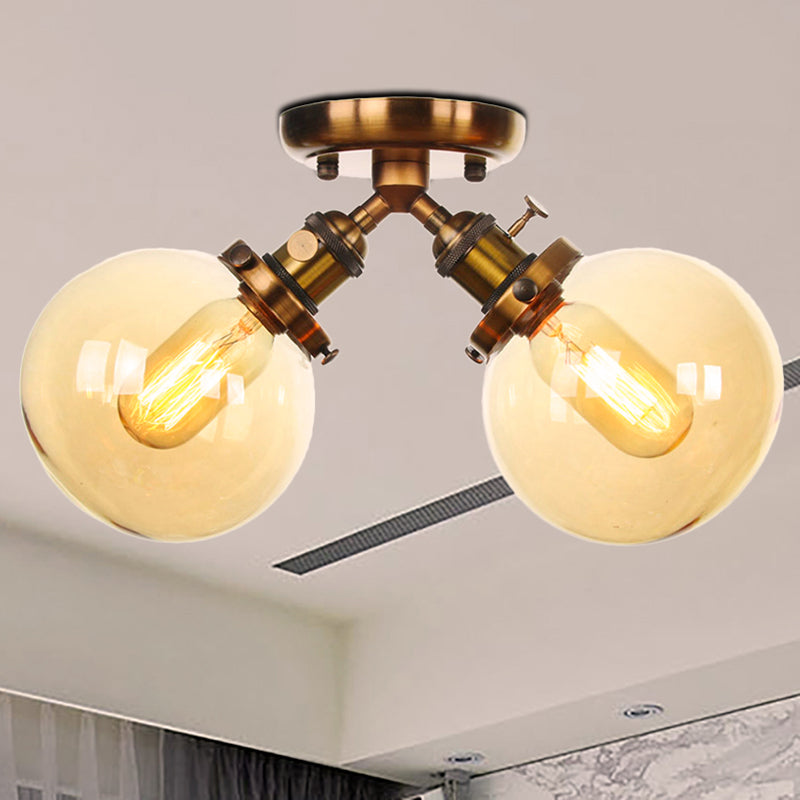 Global Restaurant Semi Flush Light Metal and Amber/Clear Glass 2 Heads Farmhouse Style Ceiling Lamp in Black/Bronze Brass Amber Clearhalo 'Ceiling Lights' 'Close To Ceiling Lights' 'Close to ceiling' 'Semi-flushmount' Lighting' 256486