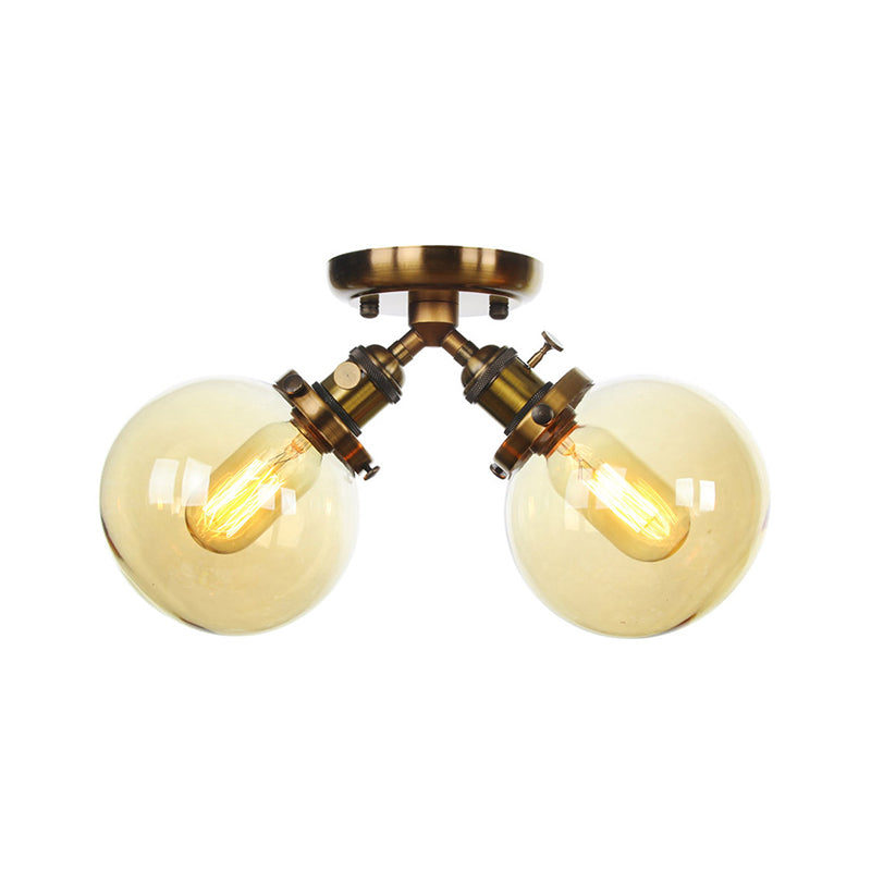 Global Restaurant Semi Flush Light Metal and Amber/Clear Glass 2 Heads Farmhouse Style Ceiling Lamp in Black/Bronze Clearhalo 'Ceiling Lights' 'Close To Ceiling Lights' 'Close to ceiling' 'Semi-flushmount' Lighting' 256488