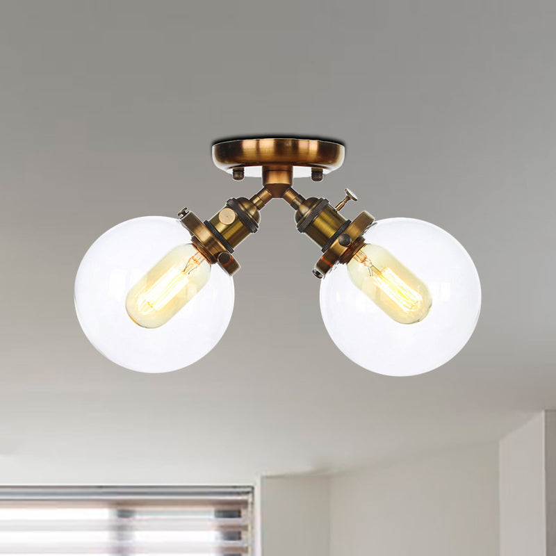 Global Restaurant Semi Flush Light Metal and Amber/Clear Glass 2 Heads Farmhouse Style Ceiling Lamp in Black/Bronze Clearhalo 'Ceiling Lights' 'Close To Ceiling Lights' 'Close to ceiling' 'Semi-flushmount' Lighting' 256490