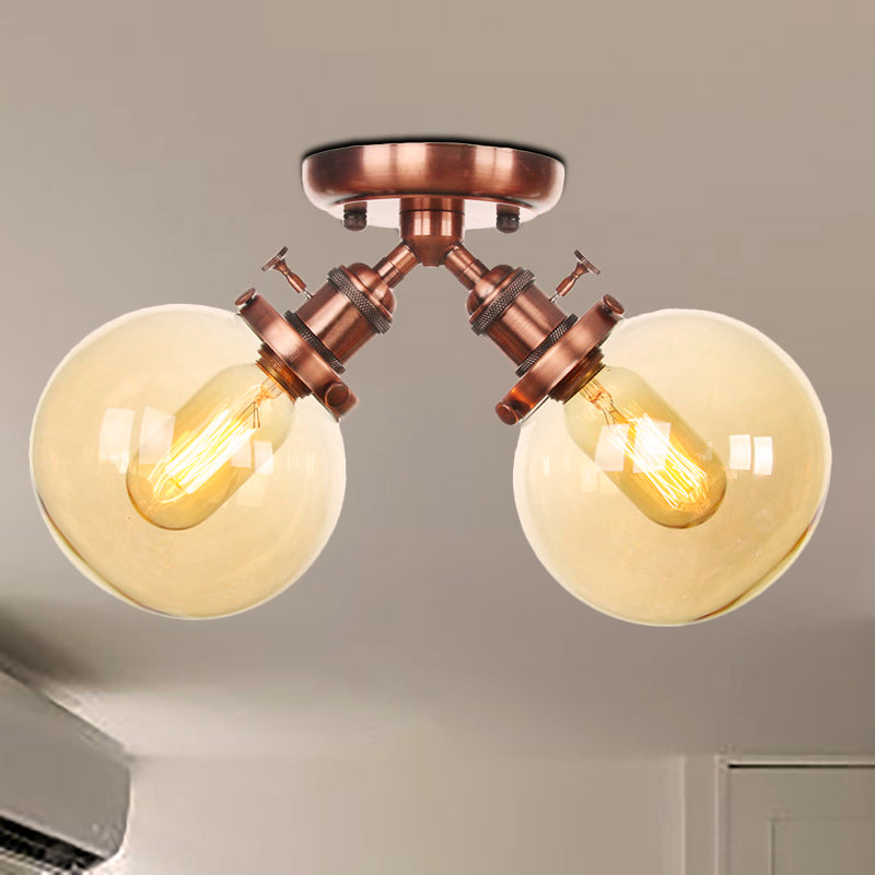 Global Restaurant Semi Flush Light Metal and Amber/Clear Glass 2 Heads Farmhouse Style Ceiling Lamp in Black/Bronze Copper Amber Clearhalo 'Ceiling Lights' 'Close To Ceiling Lights' 'Close to ceiling' 'Semi-flushmount' Lighting' 256492