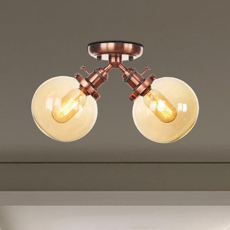 Global Restaurant Semi Flush Light Metal and Amber/Clear Glass 2 Heads Farmhouse Style Ceiling Lamp in Black/Bronze Clearhalo 'Ceiling Lights' 'Close To Ceiling Lights' 'Close to ceiling' 'Semi-flushmount' Lighting' 256493