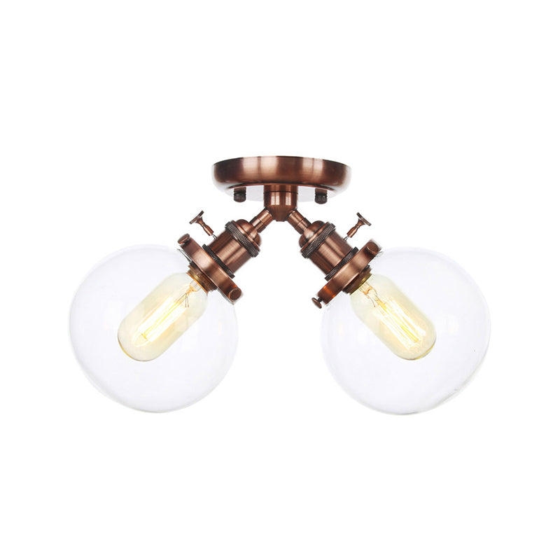 Global Restaurant Semi Flush Light Metal and Amber/Clear Glass 2 Heads Farmhouse Style Ceiling Lamp in Black/Bronze Clearhalo 'Ceiling Lights' 'Close To Ceiling Lights' 'Close to ceiling' 'Semi-flushmount' Lighting' 256497