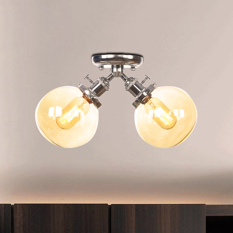 Global Restaurant Semi Flush Light Metal and Amber/Clear Glass 2 Heads Farmhouse Style Ceiling Lamp in Black/Bronze Clearhalo 'Ceiling Lights' 'Close To Ceiling Lights' 'Close to ceiling' 'Semi-flushmount' Lighting' 256499