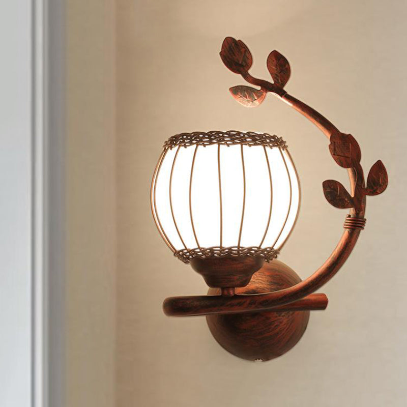 1 Light Bedroom Wall Mounted Lamp Rustic Dark Wood Sconce Light with Globe Milky Glass Shade, Right/Left Dark Wood Right Clearhalo 'Wall Lamps & Sconces' 'Wall Lights' Lighting' 256532