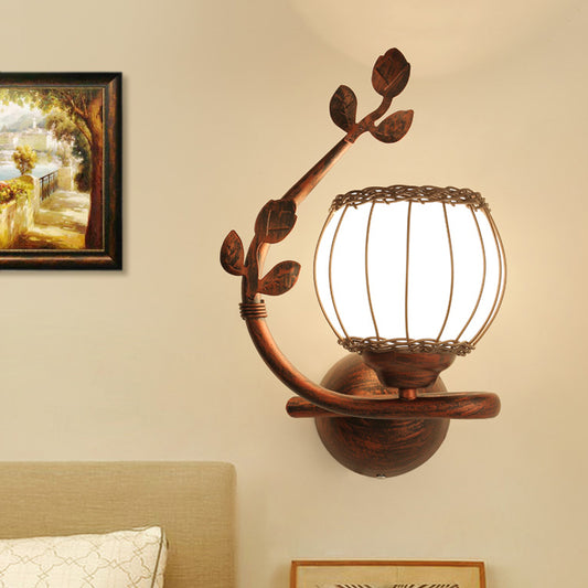 1 Light Bedroom Wall Mounted Lamp Rustic Dark Wood Sconce Light with Globe Milky Glass Shade, Right/Left Clearhalo 'Wall Lamps & Sconces' 'Wall Lights' Lighting' 256536