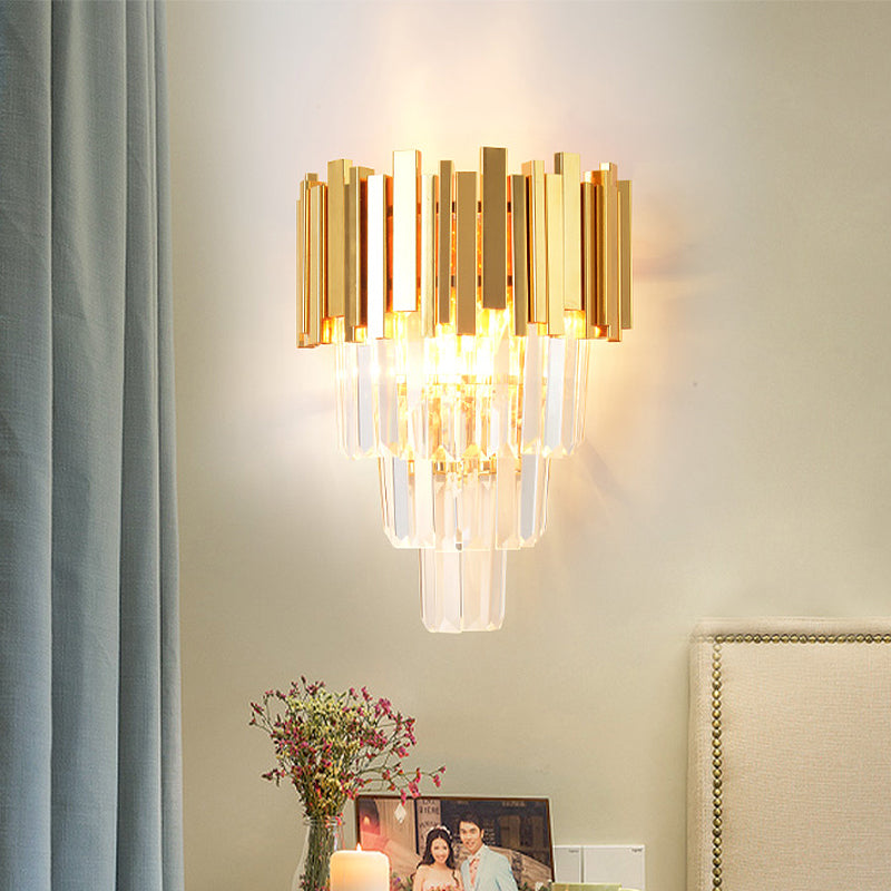 4 Layers Wall Light Fixture Postmodern Tri-Sided Crystal Rod 2 Heads Gold Sconce Light Clearhalo 'Modern wall lights' 'Modern' 'Wall Lamps & Sconces' 'Wall Lights' Lighting' 256541