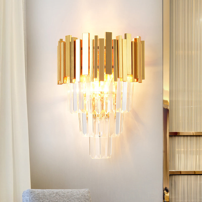 4 Layers Wall Light Fixture Postmodern Tri-Sided Crystal Rod 2 Heads Gold Sconce Light Gold Clearhalo 'Modern wall lights' 'Modern' 'Wall Lamps & Sconces' 'Wall Lights' Lighting' 256542