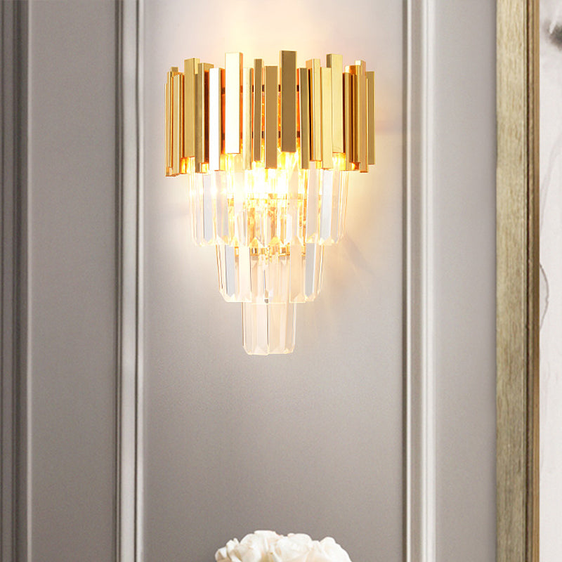 4 Layers Wall Light Fixture Postmodern Tri-Sided Crystal Rod 2 Heads Gold Sconce Light Clearhalo 'Modern wall lights' 'Modern' 'Wall Lamps & Sconces' 'Wall Lights' Lighting' 256543