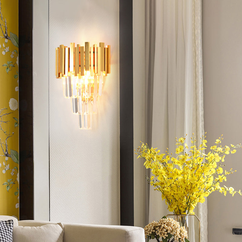 4 Layers Wall Light Fixture Postmodern Tri-Sided Crystal Rod 2 Heads Gold Sconce Light Clearhalo 'Modern wall lights' 'Modern' 'Wall Lamps & Sconces' 'Wall Lights' Lighting' 256544