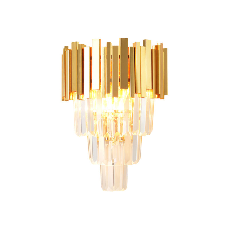 4 Layers Wall Light Fixture Postmodern Tri-Sided Crystal Rod 2 Heads Gold Sconce Light Clearhalo 'Modern wall lights' 'Modern' 'Wall Lamps & Sconces' 'Wall Lights' Lighting' 256545