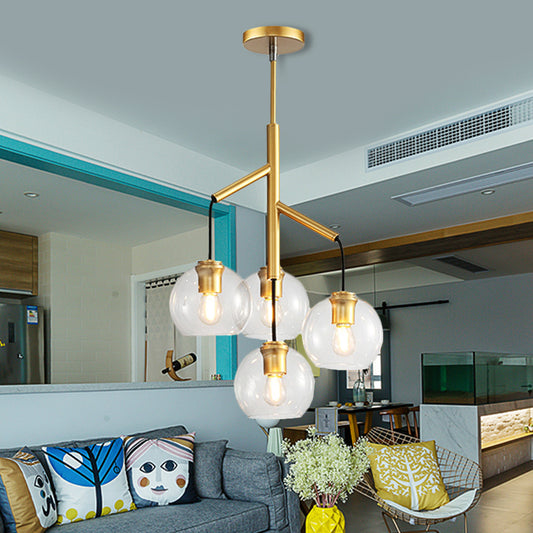 4 Heads Spherical Chandelier Colonial Hand Blown Clear Glass Ceiling Pendant in Gold Gold Clearhalo 'Ceiling Lights' 'Chandeliers' 'Glass shade' 'Glass' 'Pendant Lights' Lighting' 256547