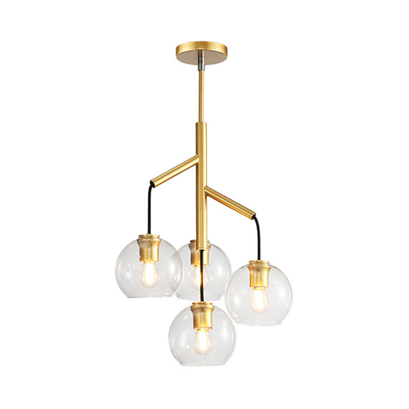 4 Heads Spherical Chandelier Colonial Hand Blown Clear Glass Ceiling Pendant in Gold Clearhalo 'Ceiling Lights' 'Chandeliers' 'Glass shade' 'Glass' 'Pendant Lights' Lighting' 256549