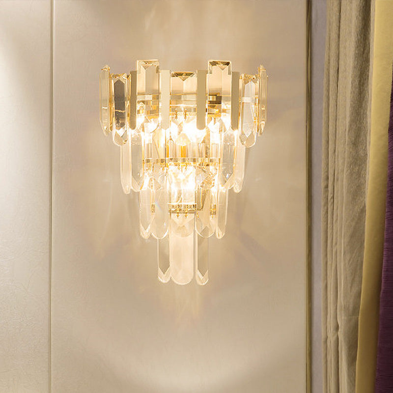 Gold 4 Layers Wall Mounted Light Modern 3 Heads Crystal Block Sconce Light Fixture Clearhalo 'Modern wall lights' 'Modern' 'Wall Lamps & Sconces' 'Wall Lights' Lighting' 256566