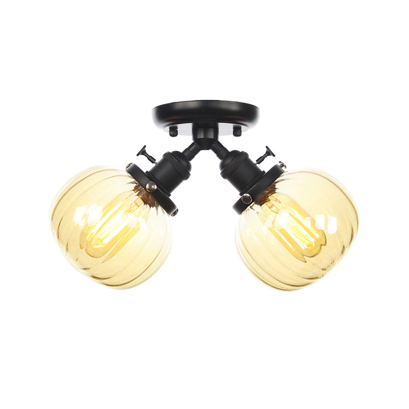 Amber/Clear Glass Ball Semi Flush Pendant Light Industrial Style 2 Heads Black/Bronze Ceiling Mounted Lamp for Restaurant Clearhalo 'Ceiling Lights' 'Close To Ceiling Lights' 'Close to ceiling' 'Glass shade' 'Glass' 'Semi-flushmount' Lighting' 256588